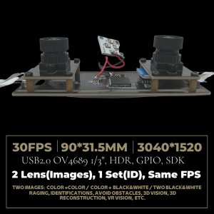 5MP Frame-Rate-synchronisierte, objektivbewegliche Stereokameraplatine mit 1/3″ OV4689+OV4689 Sensor, 1520*2*1520 Non Distortion 30fps USB2.0 Kameramodul, 1080P HD OTG UVC Plug Play 3D Stereo VR We...